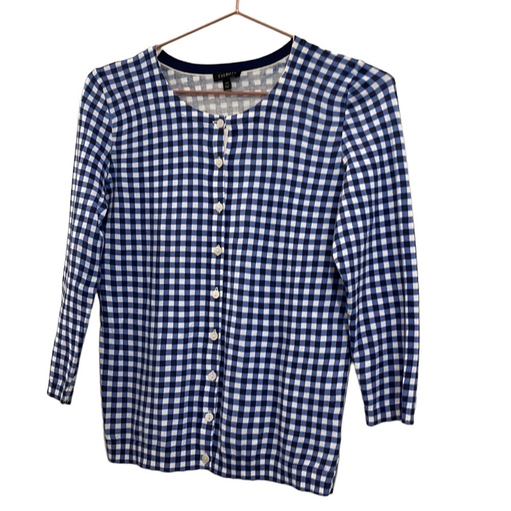 TALBOTS Gingham Cardigan Tank Blue Sweater - Picture 4 of 12